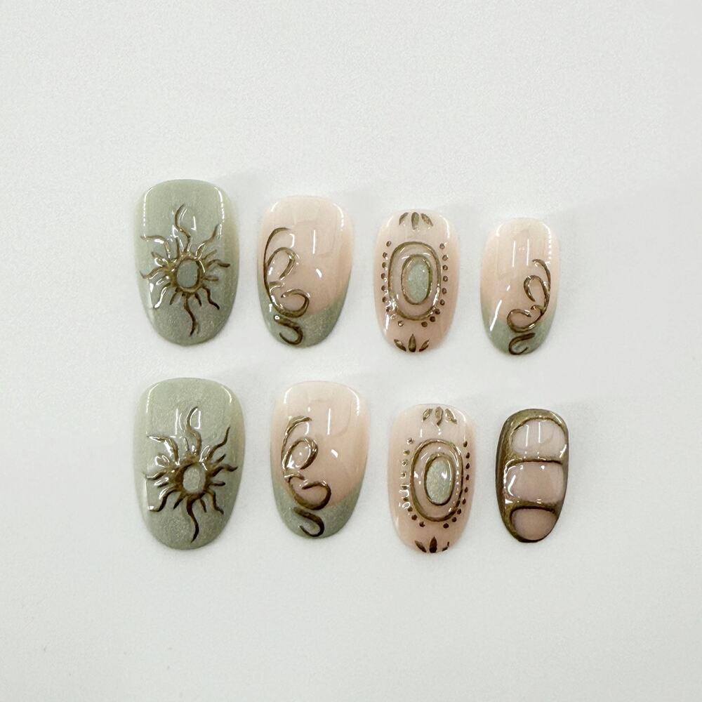 Green Fairy Galaxy Moon Stars Aurora Cat Eye 3D Golden Lines Press on Nails